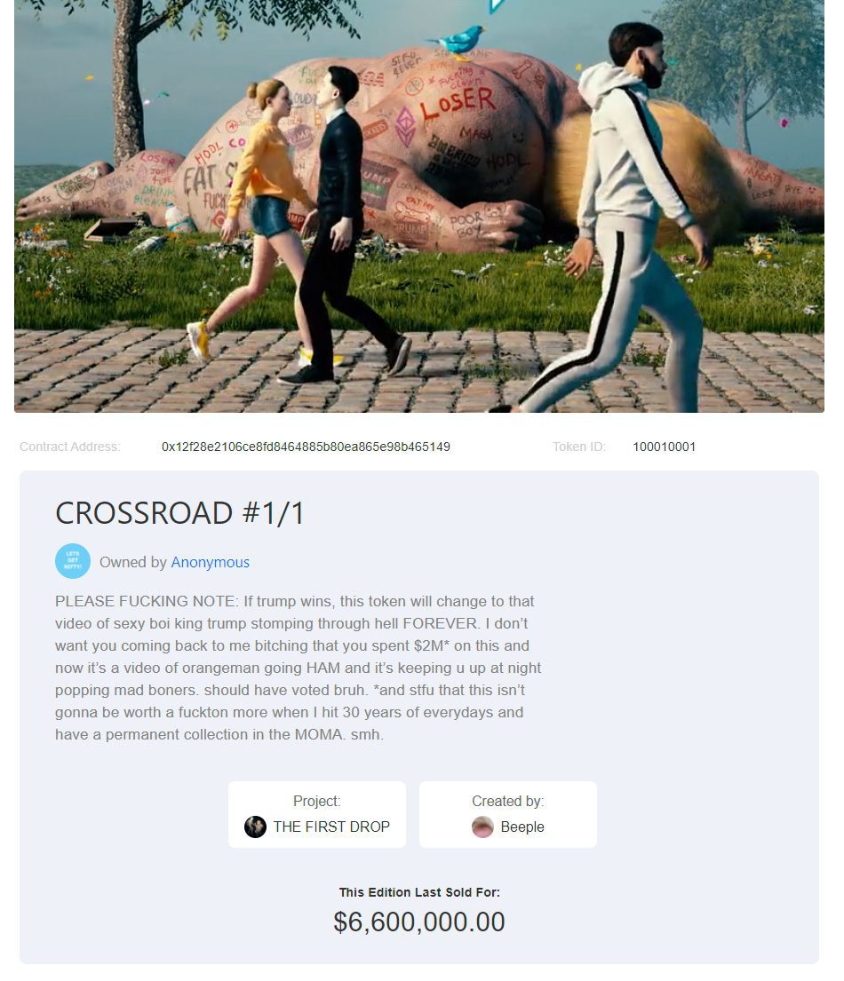 Beeple breaks another NFT record with Crossroad #1/1 selling on secondary market for $6.6m