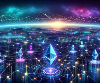 A futuristic digital landscape representing the Ethereum network. The foreground shows a vibrant, interconnected web of nodes and lines symbolizing th