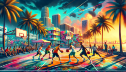 A vibrant and colorful widescreen image capturing the essence of Miami, featuring a picturesque Miami skyline with iconic Art Deco buildings and palm