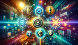 A futuristic digital collage showcasing the intersection of various blockchain technologies. The image features prominent symbols or logos for Solana