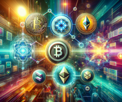 A futuristic digital collage showcasing the intersection of various blockchain technologies. The image features prominent symbols or logos for Solana
