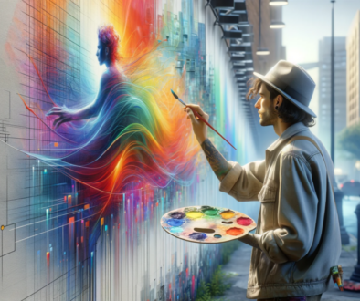 A photorealistic image of an artist in a street setting, painting a vibrant and colorful mural on a wall. The artist, of ambiguous gender and race, is