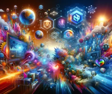 A vibrant and futuristic digital landscape showcasing various elements symbolizing the Web3 ecosystem, including abstract representations of NFTs, blo