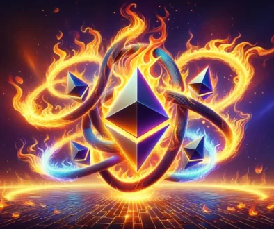 BLAST l2 animated flames intertwined with Ethereum (ETH) logos. The image should capture a dynamic and energetic atmosphere, sy