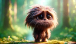 A scene depicting a single, hairy, three-dimensional creature looking sad and forlorn, with an expression of sorrow and confusion. The creature should