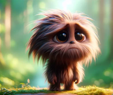 A scene depicting a single, hairy, three-dimensional creature looking sad and forlorn, with an expression of sorrow and confusion. The creature should