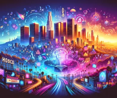 A vibrant and dynamic header image for 'NFT LA Community Week 2024', featuring a futuristic Los Angeles skyline with prominent landmarks like the Holl
