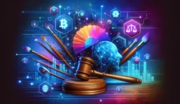 A visually striking and modern digital collage that represents the intersection of art, technology, and law, featuring symbols such as a gavel, blockc