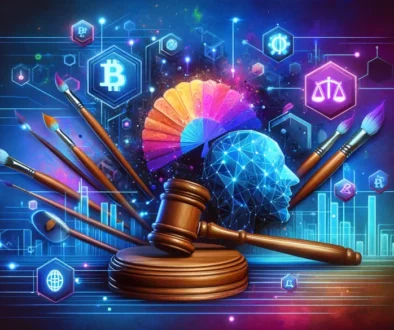 A visually striking and modern digital collage that represents the intersection of art, technology, and law, featuring symbols such as a gavel, blockc