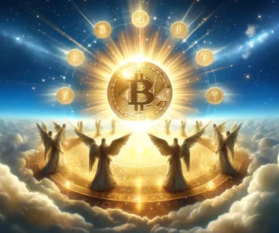 A divinely inspired digital landscape for a Bitcoin blockchain concept, featuring a grand Bitcoin symbol at the center, glowing with a radiant, holy l
