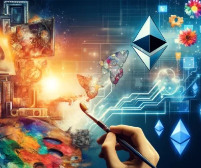 An artistic digital collage representing the evolution of digital art and cryptocurrency, featuring elements like a paintbrush merging into digital pi