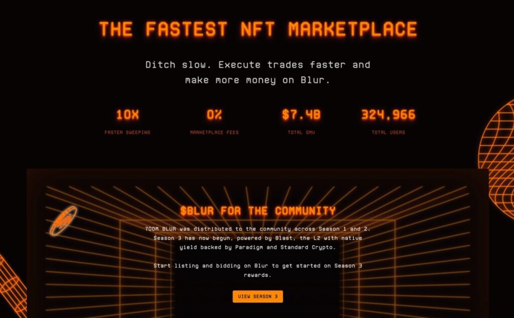 Blur homepage before the Blur shutdown, advertising 0% marketplace fees, $7.4B total GMV and BLUR token rewards