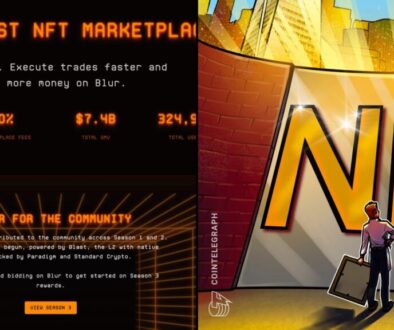 Blur shutdown collage: Blur's homepage advertising 0% marketplace fees beside a Cointelegraph NFT illustration