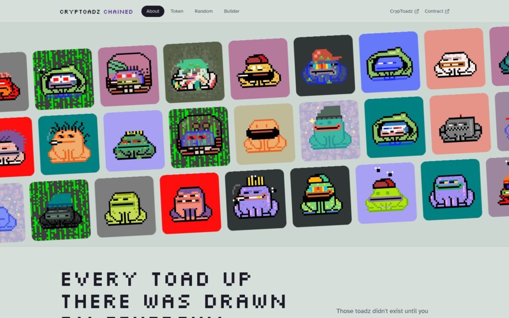 CrypToadz Chained website showing rows of pixel-art toadz drawn by its Ethereum contract under the headline Every toad up there was drawn by Ethereum