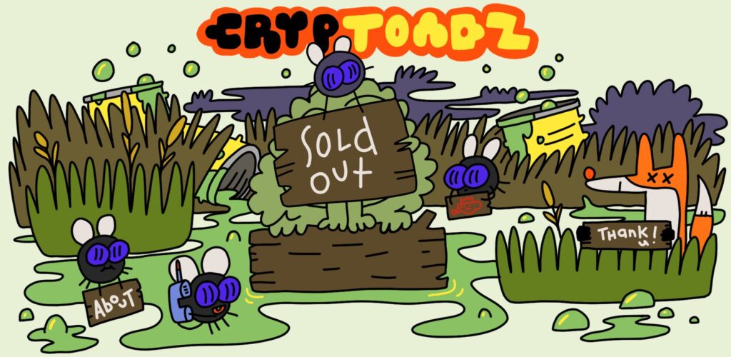 CrypToadz by Gremplin swamp artwork from cryptoadz.io: a toad on a log holding a hand-lettered sign, flies with About and Thank u signs, and a fox in the reeds