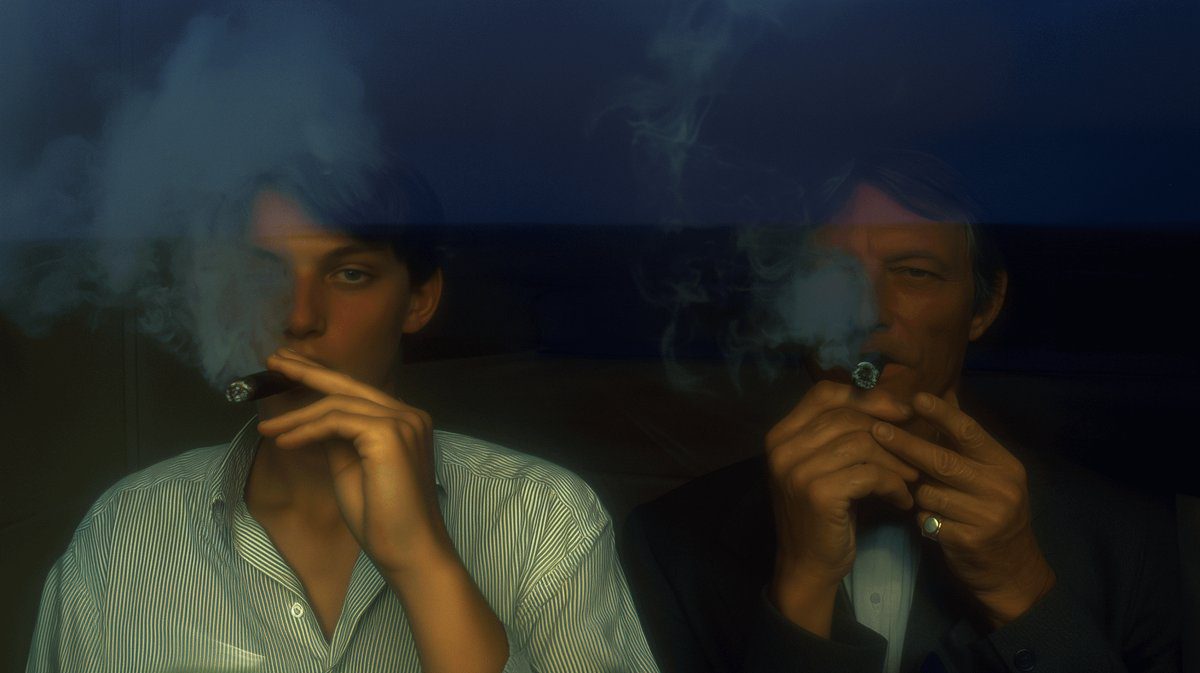Unfinished Past by Dalos preview: two figures with cigars and drifting smoke in a memory-like scene