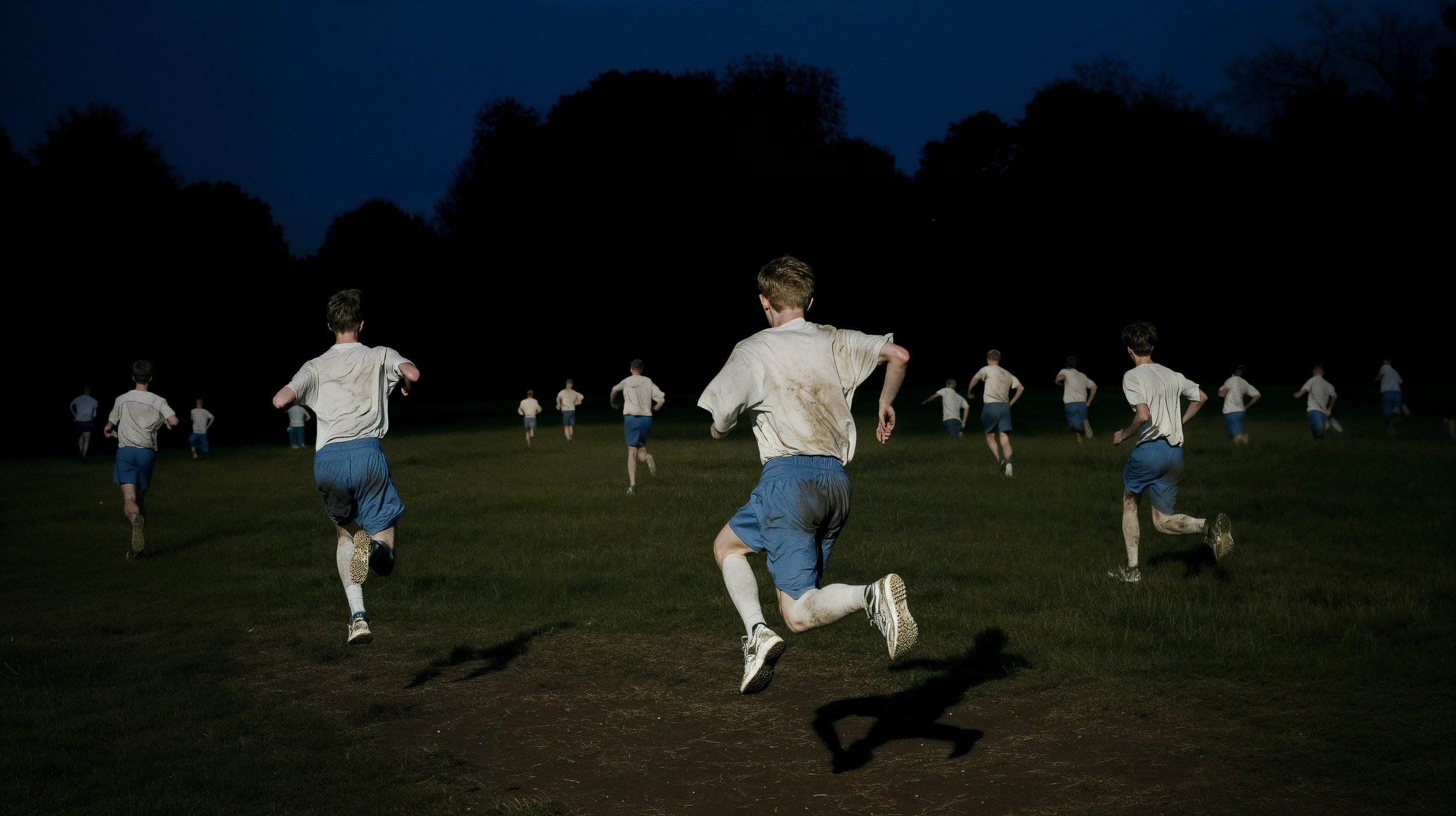 Unfinished Past Dalos artwork: repeated runner figures sprinting across a night field