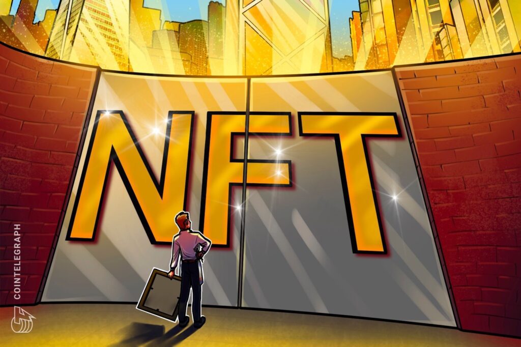 Illustration of a person holding an empty frame in front of large NFT letters, used by Cointelegraph for its Blur shutdown story