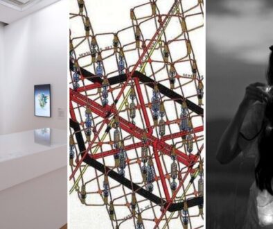 Pompidou digital art committee collage: the Centre Pompidou NFT exhibition room, Archigram's Computer City drawing, and a still from Thao Nguyen Phan's Mute Grain