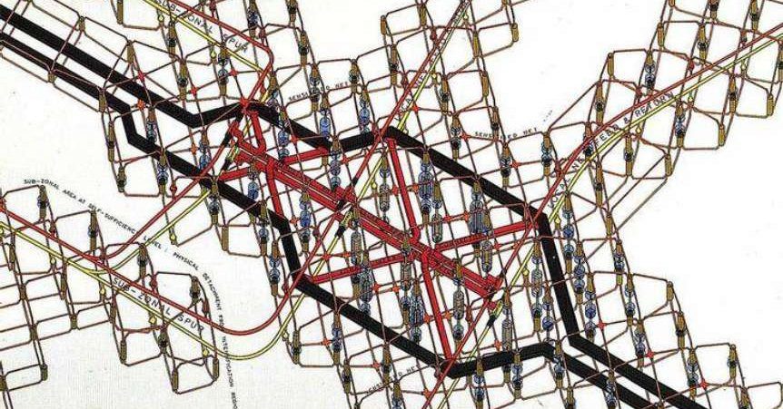 Detail of Archigram's 1964 Computer City drawing, the Centre Pompidou's lead image for the Computer Worlds exhibition in Shanghai