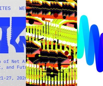Rhizome net art collage: WEBSITES WEBSITES WEBSITES exhibition header, ArtBase Lee Mullican restoration, and Chromie Squiggle