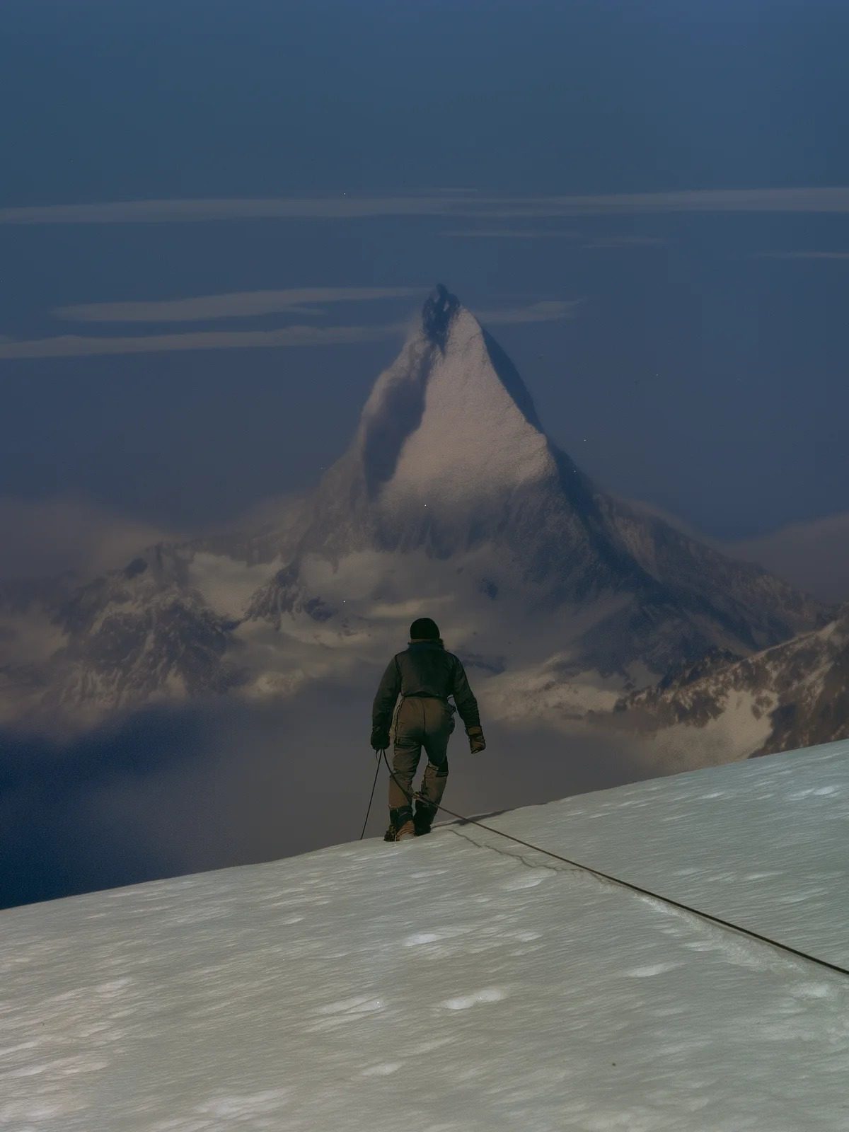 SuperRare Unfinished Past artwork: lone climber on a snowy ridge facing a distant peak
