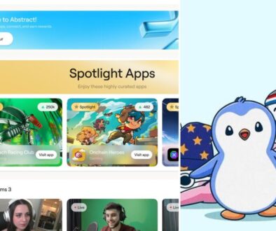Abstract chain shutdown collage: the Abstract Portal app screen beside Pudgy Penguins characters