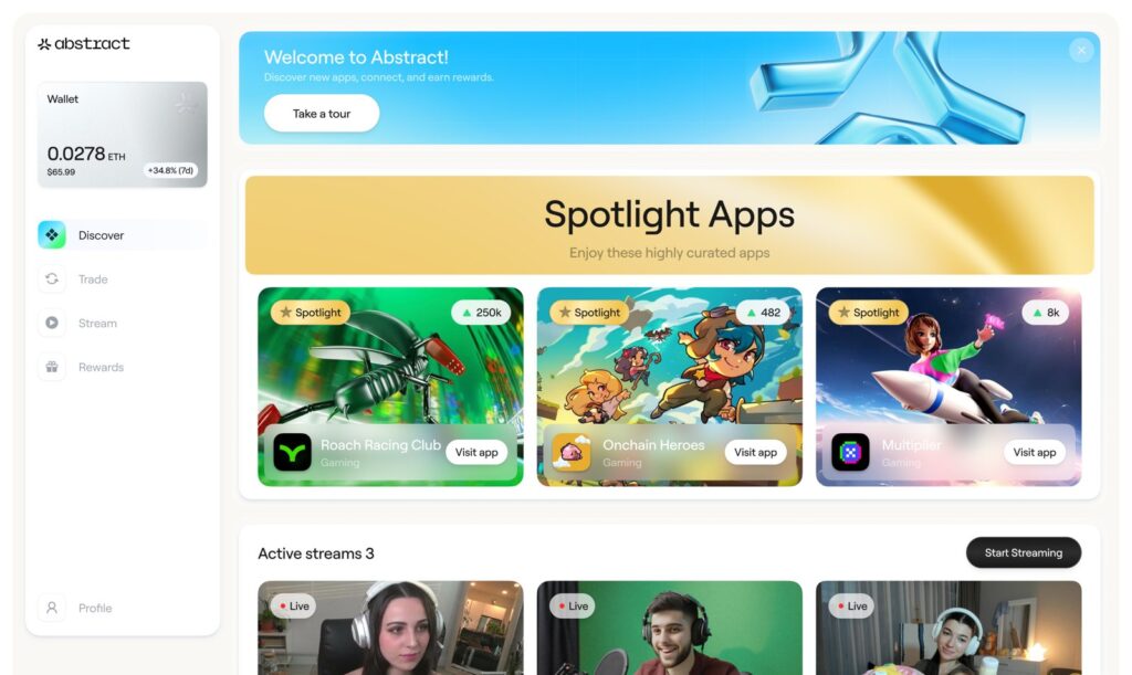 Abstract chain shutdown: the Abstract Portal home screen with spotlight apps and live streams on the Pudgy Penguins-built layer 2