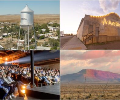 Art Blocks Marfa Weekend 2026 collage: Marfa water tower, Art Blocks gallery at dusk, Crowley Theater audience, and West Texas mountains
