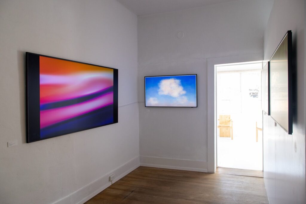 Art Blocks Marfa Weekend 2026 venue: digital artworks on screens inside the Art Blocks Gallery in Marfa