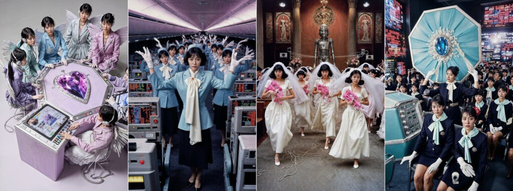 Four Emi Kusano AI-generated images of uniformed women from the End of Nostalgia exhibition announcement