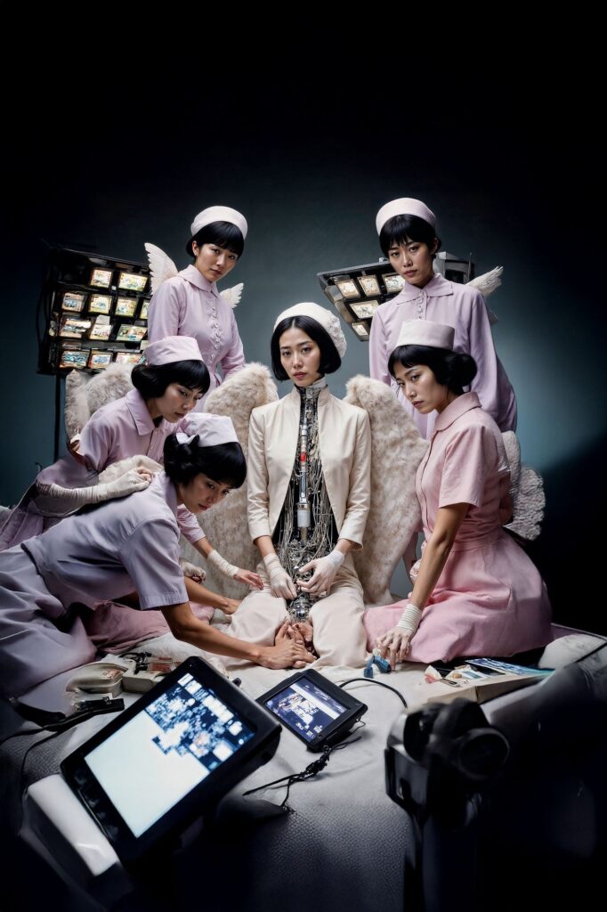 Emi Kusano Ornament Survival work showing nurses with angel wings gathered around a seated central figure