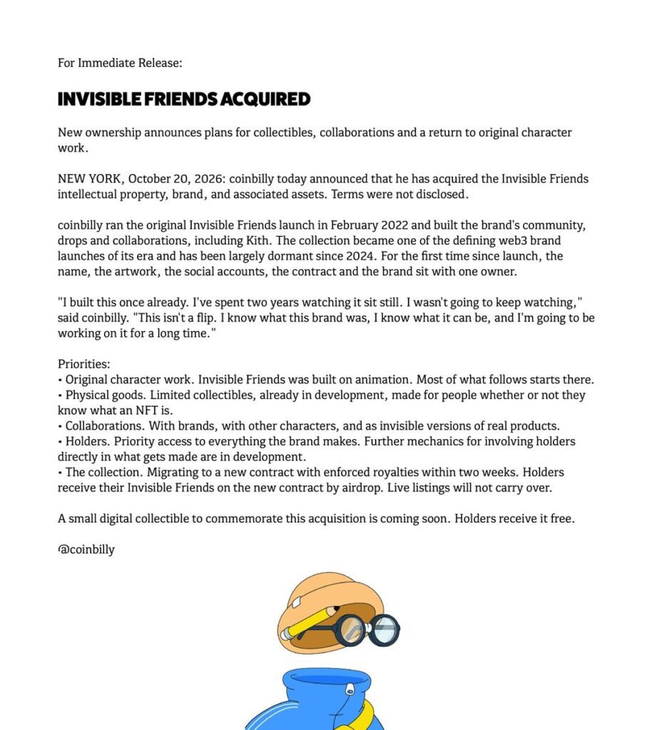 Invisible Friends acquisition press release dated October 20, 2026, announcing coinbilly bought the brand, with the walking character in a blue tracksuit below the text