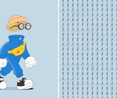 Invisible Friends The Walk character in a blue tracksuit with a yellow belt bag and floating glasses, beside a grid of the same walking figure repeated