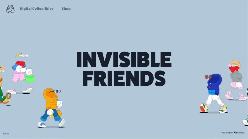 Relaunched Invisible Friends website homepage showing several walking Invisible Friends characters around the brand name, with Digital Collectibles and Shop menu links