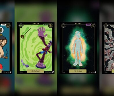 Mudwater BAYC trading cards: four legendary cards, #62 The Founder, #83 The Portal, #90 The Oracle and #106 The Prophet