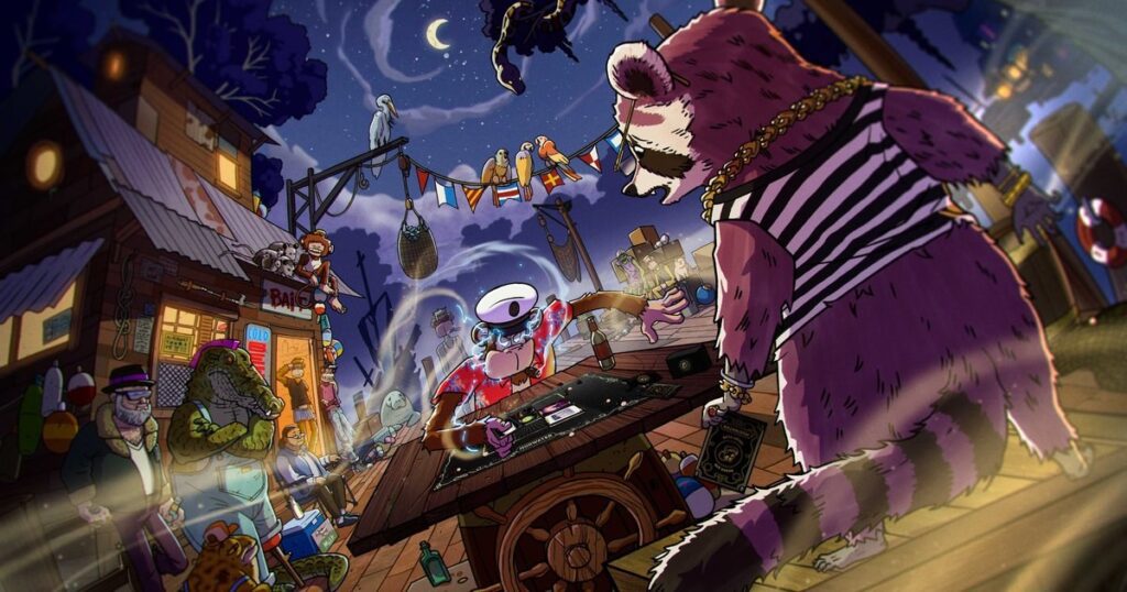 Mudwater BAYC Swamp Origins key art showing apes and swamp creatures playing a card game on a dock at night