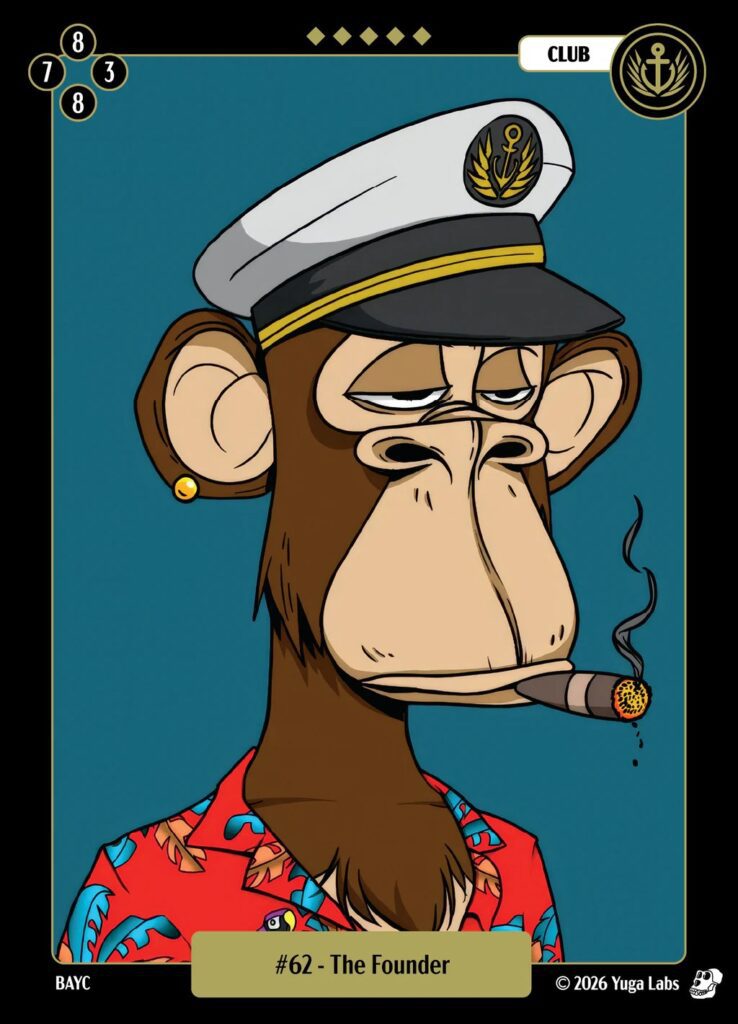 Mudwater BAYC card #62 The Founder, a legendary Club card of a Bored Ape in a captain's hat smoking a cigar