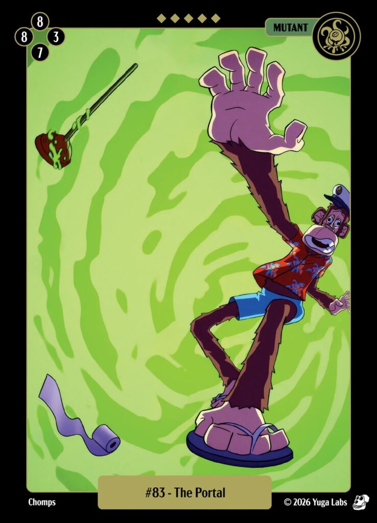 Mudwater BAYC card #83 The Portal, a legendary Mutant card of an ape falling through a green swirling portal
