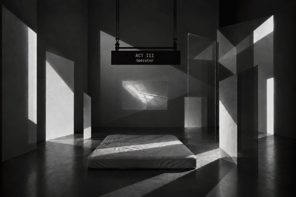 Operator Human Unreadable Act III scenic previsualization: a dark stage with a hanging Act III Operator sign, a bare mattress and slanted light