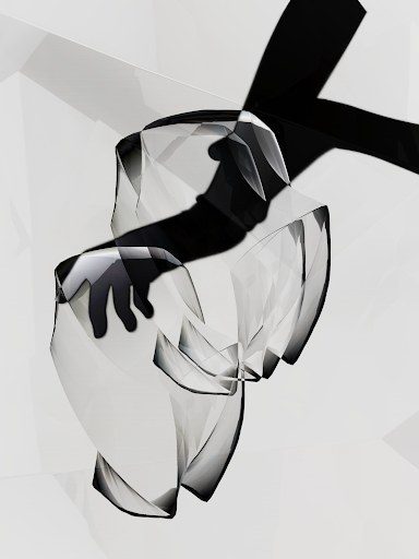 Operator Human Unreadable artwork from Art Blocks: black hand and arm silhouettes passing through curved generative glass forms on white