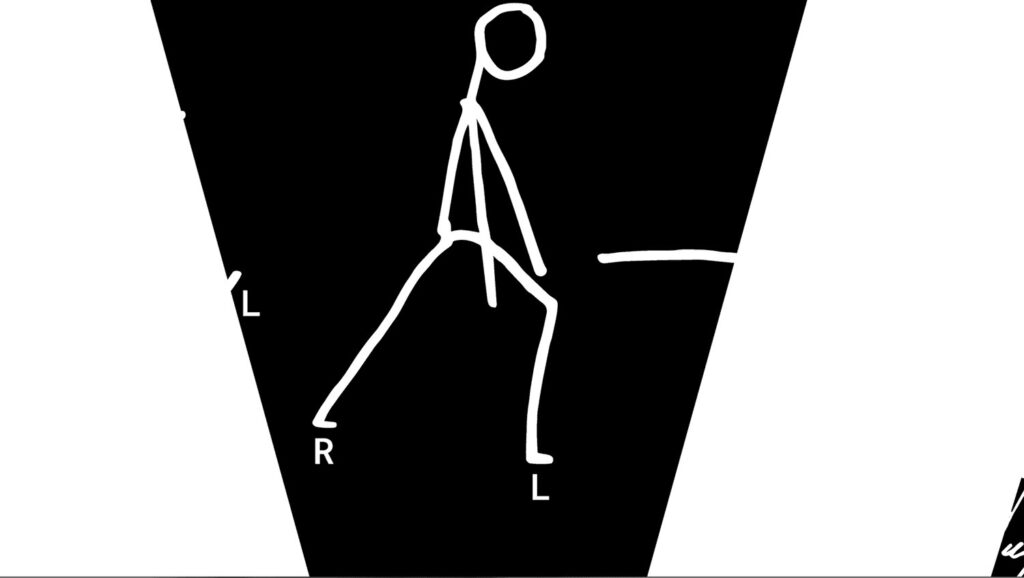 Human Unreadable choreographic score graphic from Operator's Act II page: a white stick figure mid-step with left and right feet marked L and R