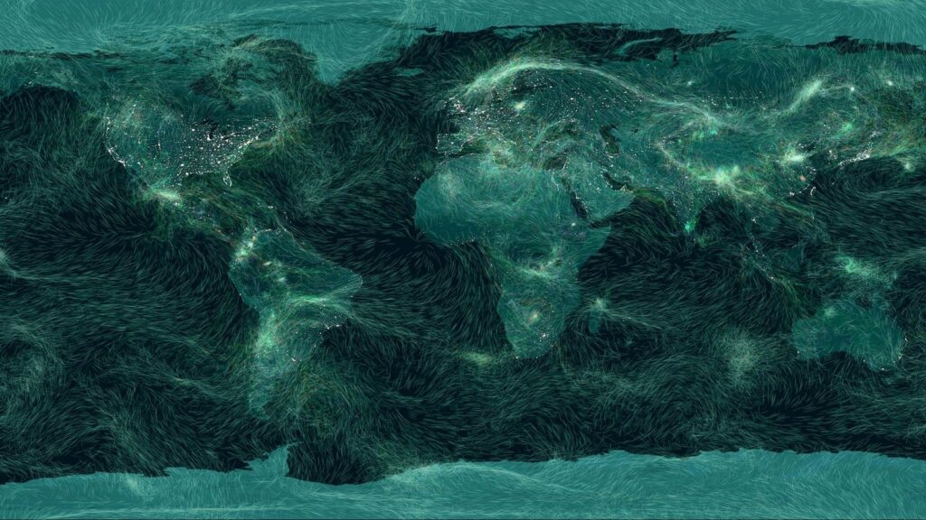 The Shape of Human Values key image at MEET Milan: Maurice Benayoun's Emotion Winds, a world map traced with glowing wind-like lines
