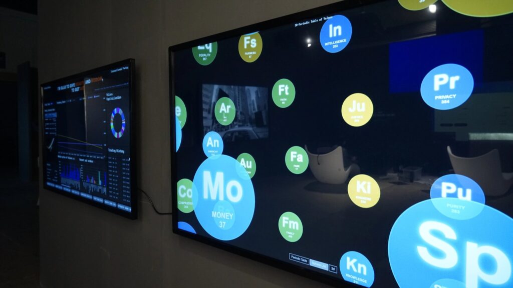 Maurice Benayoun's Periodic Table of Values screen with bubbles for values such as Money, Intelligence, Justice and Knowledge beside a trading monitor